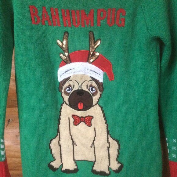 United States Holiday Bah Hum Pug Fair Isle Ugly Christmas Sweater Size Small - Picture 2 of 5